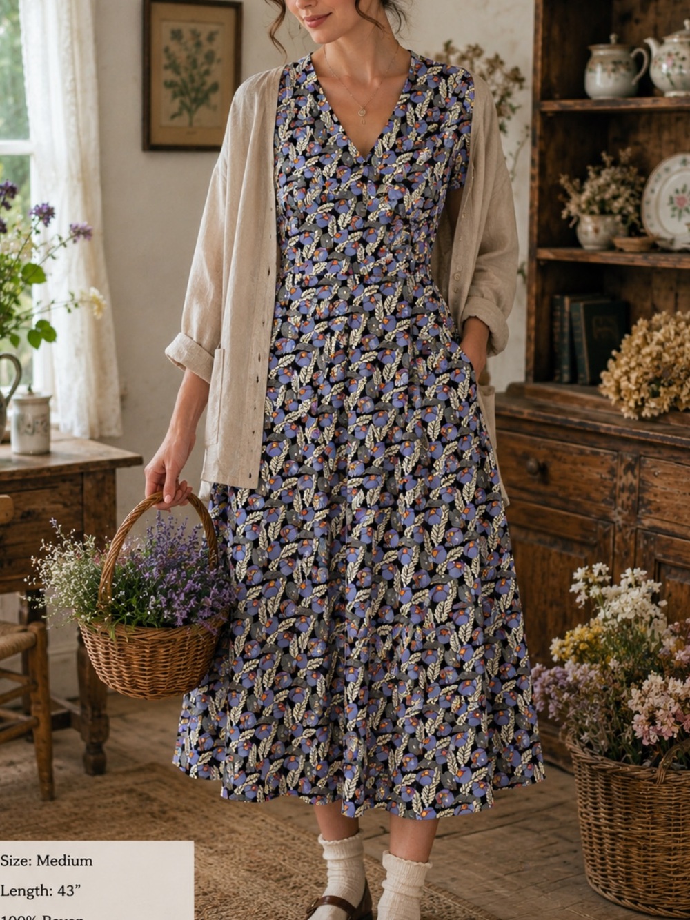 Flax by Jeanne Engelhart Thinking Tropics Dress  90s Rayon Blueberry Print